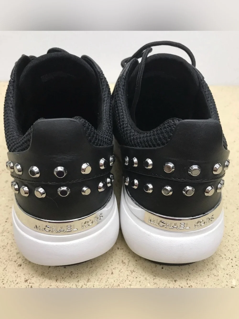 Michael Kors Sneaker Mesh Leather Astor Trainer 7.5M Black Silver Studded
